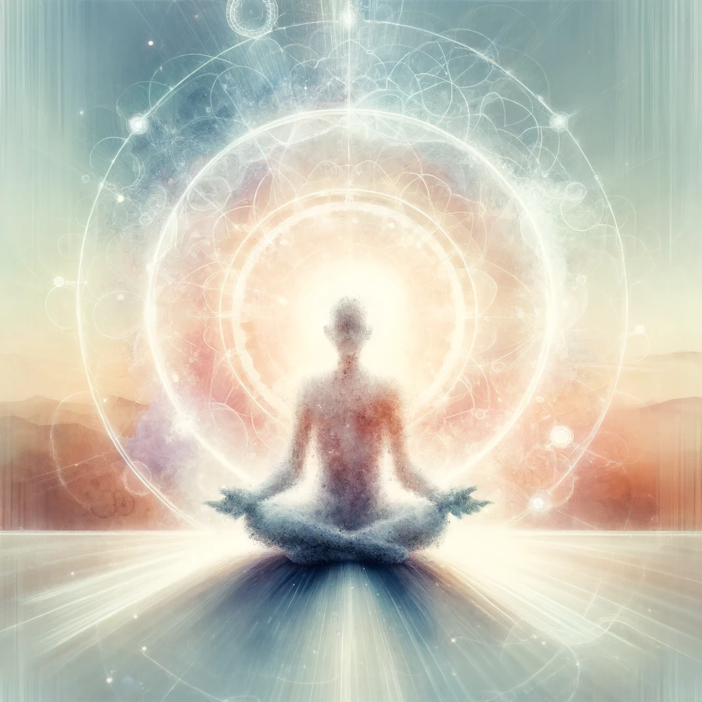 Person meditating in radiant light, symbolizing peace and clarity amid modern noise.
