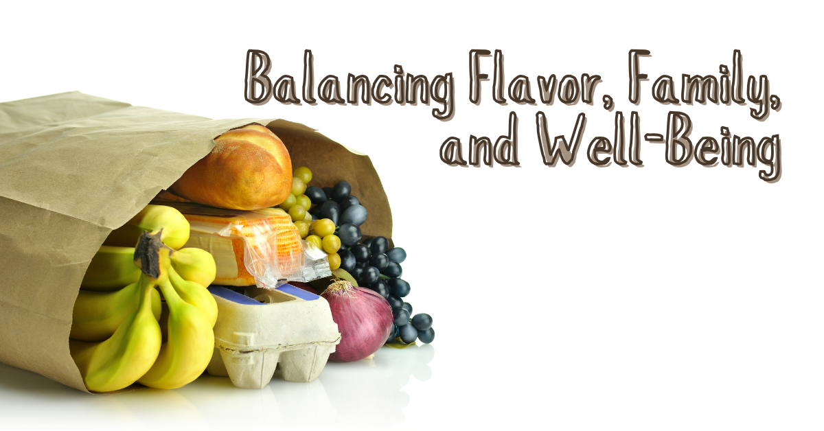 A brown paper grocery bag tipped on its side, spilling out bananas, grapes, an onion, and bread. To the right, stylized text reads: 'Balancing Flavor, Family, and Well-Being.