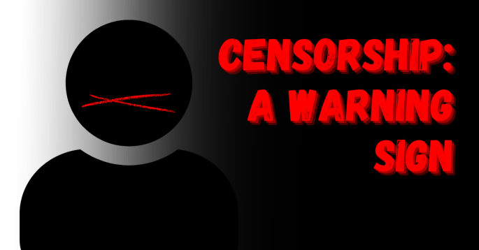 Black silhouette of a person on a gradient background with a red 'X' across the mouth, accompanied by bold red text reading 'Censorship: A Warning Sign,' symbolizing the silencing of free speech.