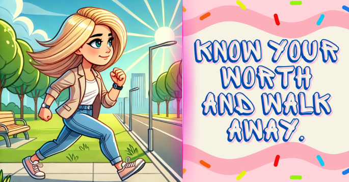 A cartoon illustration of a confident blonde woman power-walking in a sunny park setting. She is dressed in a light jacket, jeans, and sneakers, radiating determination and empowerment. To the right of the image, bold text reads, 'Know Your Worth and Walk Away,' with a playful background featuring sprinkles and soft pastel tones, reinforcing the message of self-worth and confidence.