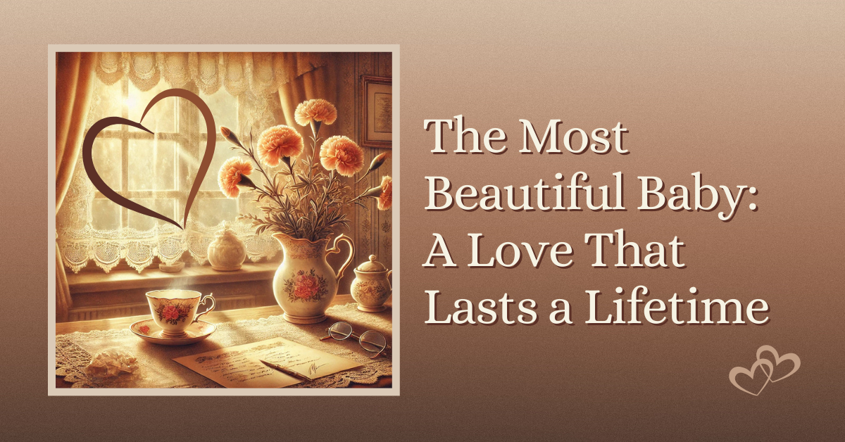 A warm, nostalgic image of a cozy kitchen table bathed in soft natural light, featuring a vase filled with vibrant carnations, a teacup with a floral design, reading glasses, and handwritten notes. The text overlay reads 'The Most Beautiful Baby: A Love That Lasts a Lifetime,' with a subtle heart graphic adding a touch of love and sentimentality. The scene evokes cherished family memories and deep emotional connection.