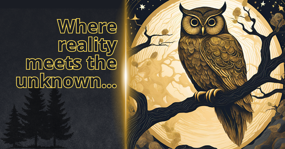 A stylized image split vertically. On the left, a dark, textured background features silhouettes of pine trees and bold gold-outlined text reading “Where reality meets the unknown….” On the right, a golden owl is perched on a branch against a large, glowing moon.