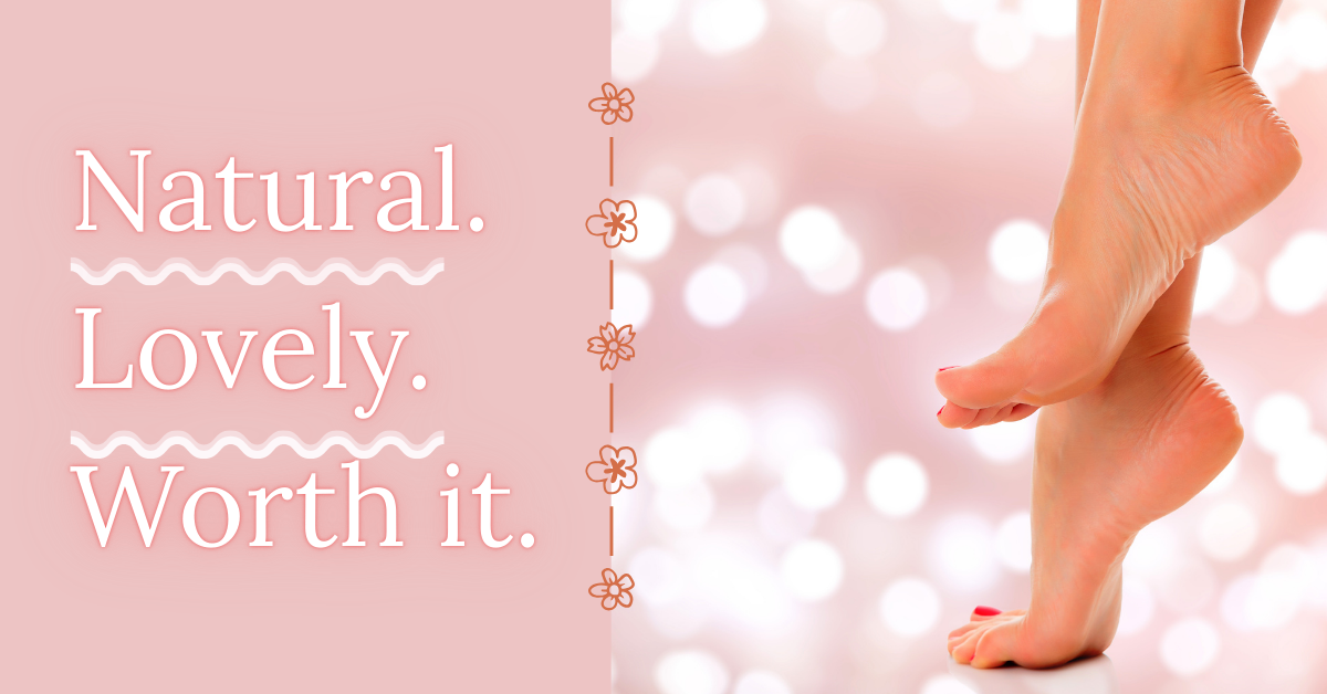 A soft pink image split in two, featuring the phrase “Natural. Lovely. Worth it.” in elegant white text on the left, with a decorative vertical line of tiny flowers separating it from a glowing background of bokeh lights and bare, moisturized feet on the right. The image evokes calm, self-care, and the beauty of natural living.