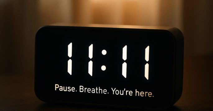 A close-up of a digital clock glowing with the time 11:11, set on a wooden surface. Soft, golden sunlight filters through sheer curtains in the background. Beneath the time, the message reads: “Pause. Breathe. You’re here.”
