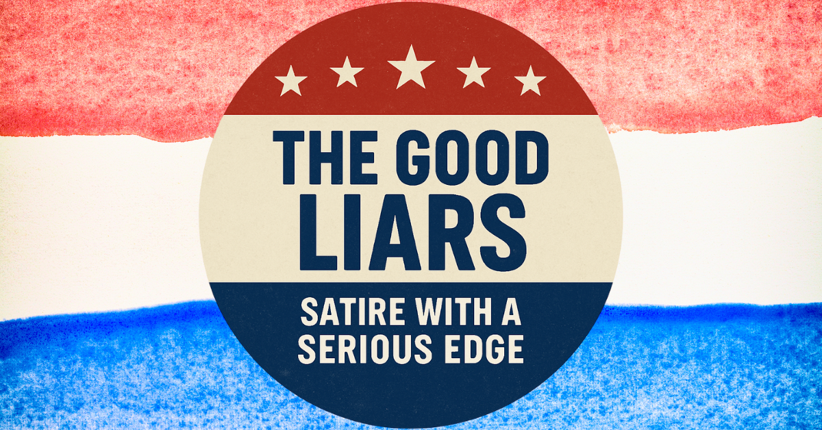 A vintage-style political campaign button reading “The Good Liars – Satire with a Serious Edge,” centered against a textured red, white, and blue watercolor backdrop, evoking both patriotism and parody.