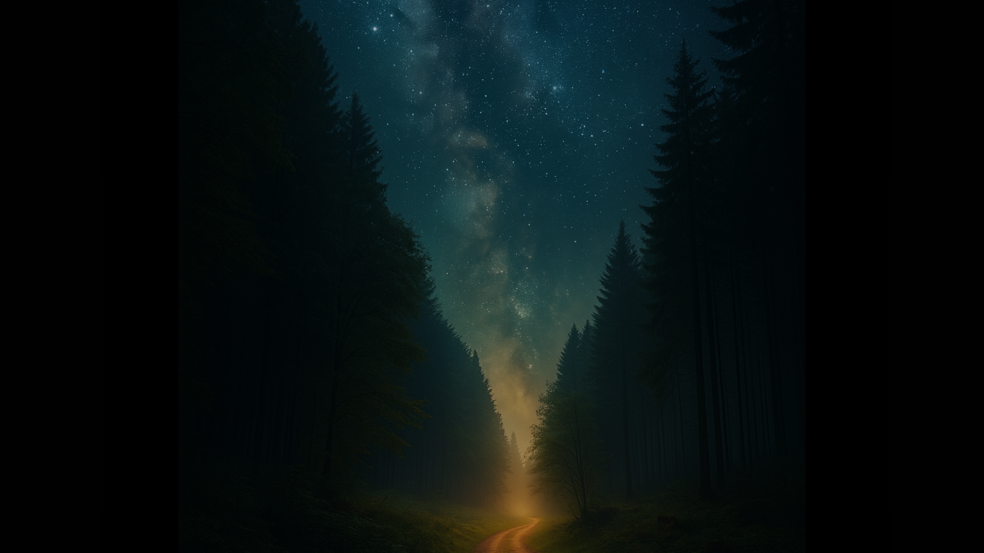 A glowing forest path winds gently into the distance, framed by tall, shadowed trees beneath a clear, star-filled night sky. A warm golden light rises at the horizon, where the path and the stars meet—symbolizing mystery, spiritual awakening, and quiet direction.