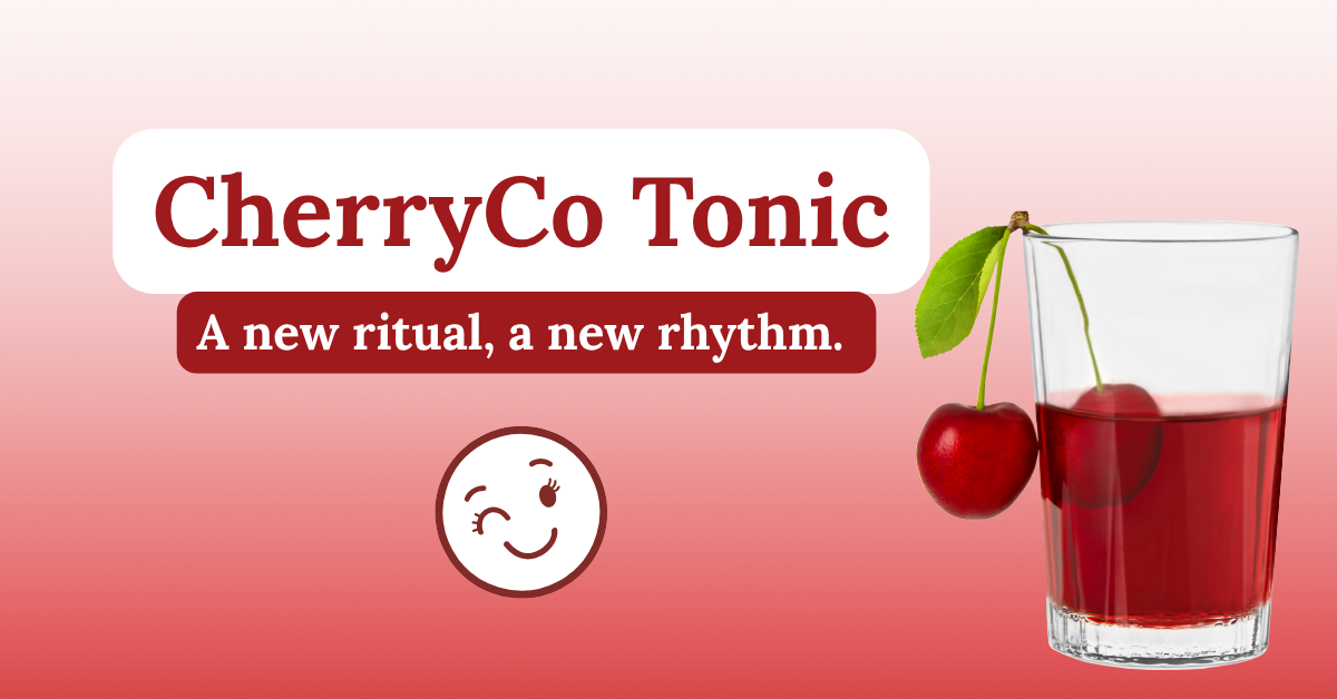 A branded graphic featuring a clear glass of CherryCo Tonic—a deep red drink with a fresh cherry hanging over the rim—set against a soft red gradient background. Bold white and red text reads “CherryCo Tonic” and “A new ritual, a new rhythm.” A winking cherry face icon adds a playful, signature CherryCoBiz touch.