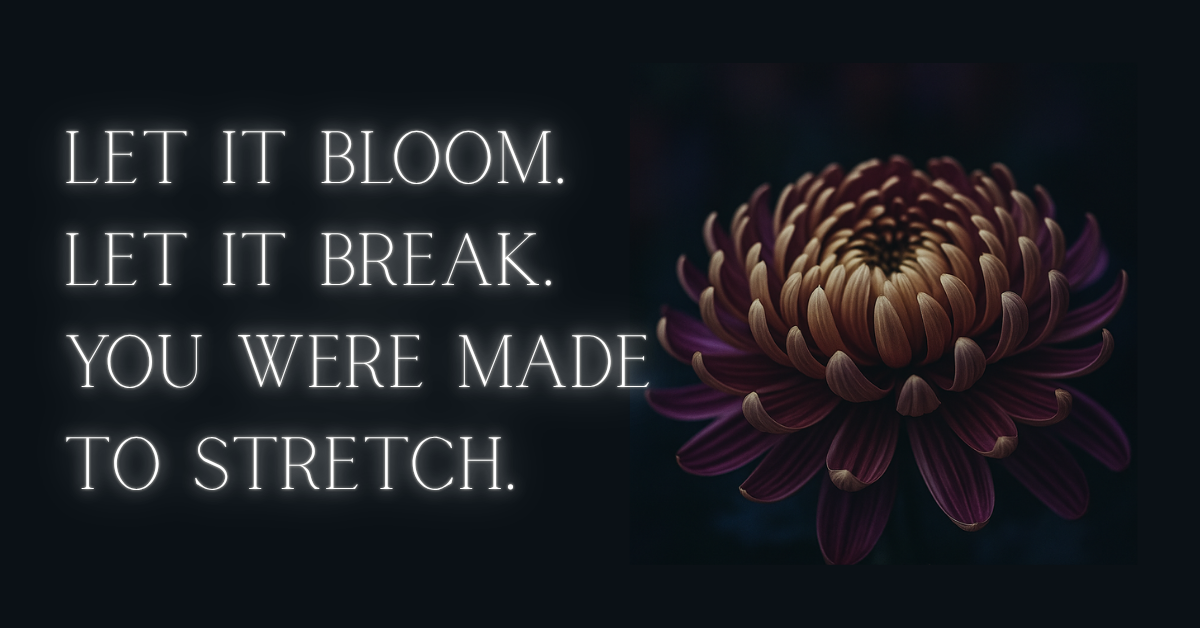 A digital image featuring a richly colored magnum mum in full bloom, with deep violet and gold petals unfolding in layered symmetry against a dark background. To the left of the flower, glowing white text reads: “Let it bloom. Let it break. You were made to stretch.” The overall tone is reflective and empowering, symbolizing growth, transformation, and the courage to evolve beyond inherited beliefs.