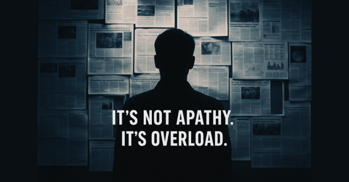 A silhouetted person stands in front of a wall covered in overlapping newspaper clippings, illuminated by cold, bluish light. The figure’s back is to the viewer, suggesting contemplation or overwhelm. Bold white text in the foreground reads: “It’s not apathy. It’s overload.”