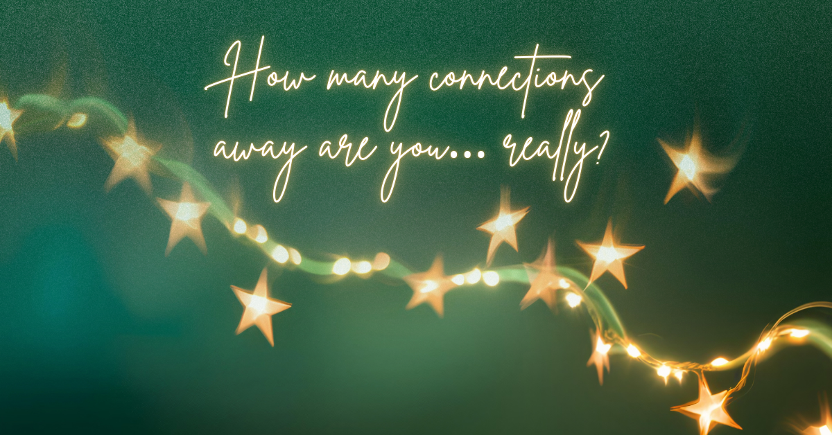 String of softly glowing star-shaped lights curves across a dreamy green background. Elegant handwritten-style text reads, “How many connections away are you… really?” evoking a sense of reflection and quiet wonder.