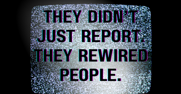 White glitchy TV static screen with bold black and magenta text that reads: ‘They didn’t just report. They rewired people.