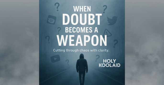 A lone figure walks into a foggy landscape surrounded by question marks and social media icons. Overlay text reads: 'When Doubt Becomes a Weapon. Cutting through chaos with clarity. HOLY KOOLAID.