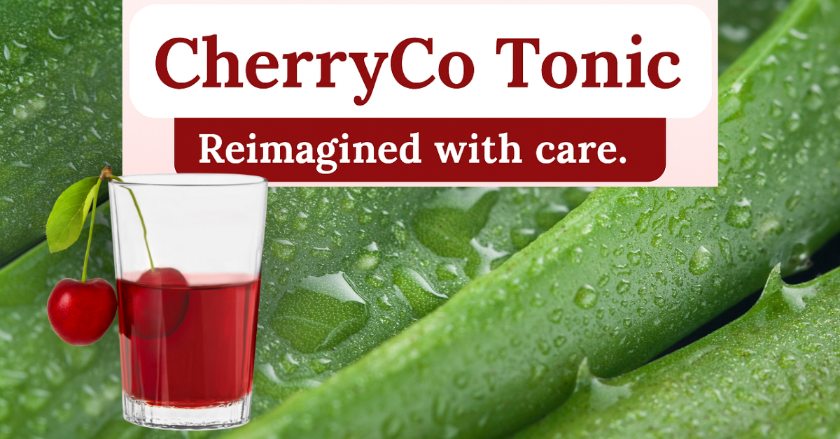 A clear glass of deep red cherry juice with whole cherries and a green aloe vera leaf inside, set against a close-up background of fresh, dew-covered aloe leaves. Overlay text reads: 'CherryCo Tonic — Reimagined with care.'