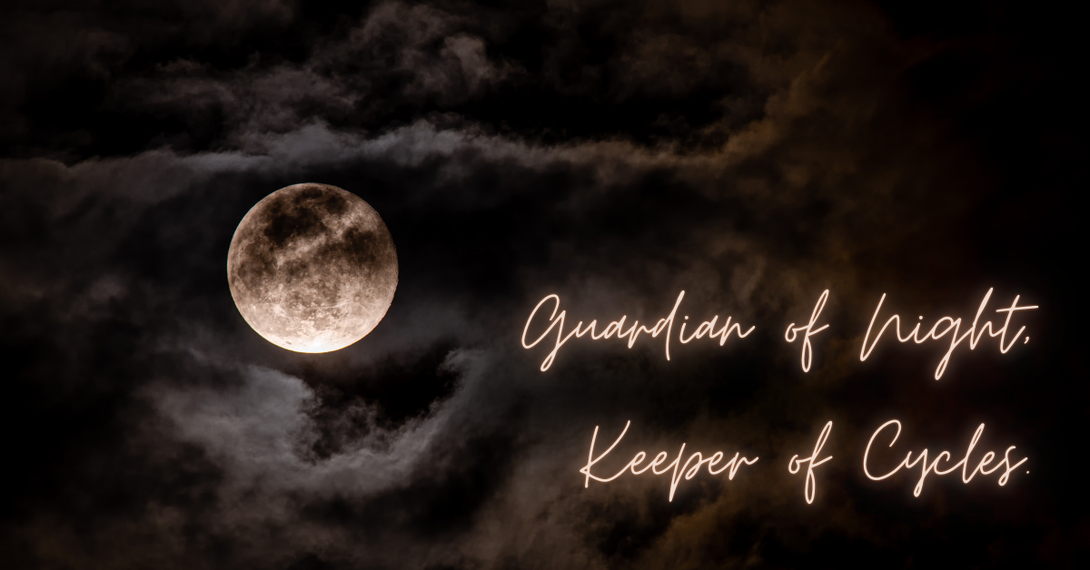 Full moon glowing through dark, swirling clouds with text overlay reading “Guardian of Night, Keeper of Cycles.” Symbolic of the Moon’s role as Earth’s stabilizer and emotional guide in astrology.