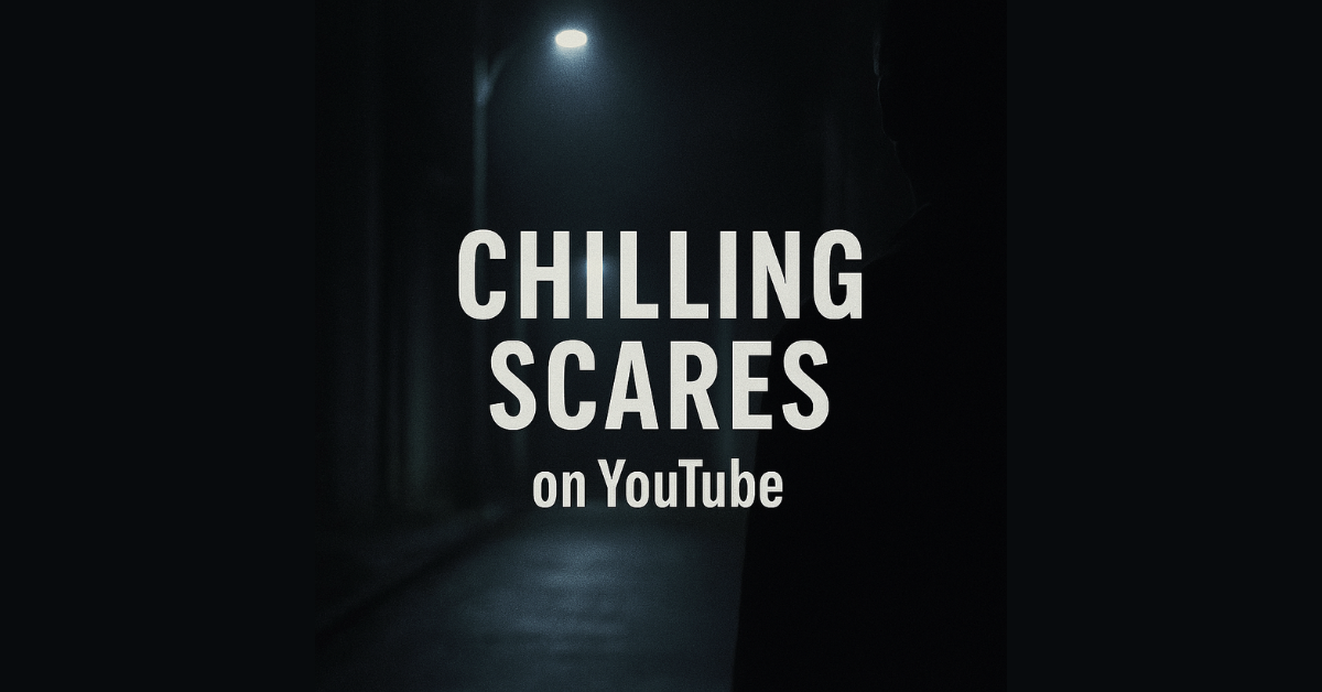 A dark, eerie street scene illuminated by a single overhead streetlight. A shadowy silhouette stands partially visible on the right, creating a sense of mystery. Bold white text in the center reads: 'CHILLING SCARES on YouTube.'