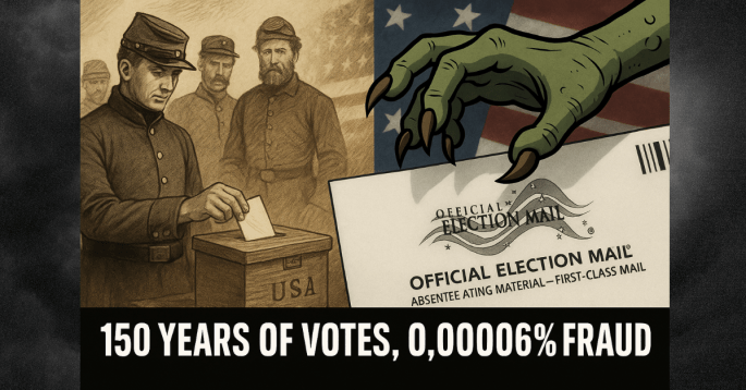 A split illustration showing the history of absentee voting. On the left, Union soldiers from the Civil War in sepia tones cast absentee ballots into a wooden box marked “USA.” On the right, a modern white mail-in ballot envelope labeled “Official Election Mail” appears in full color. A green troll hand with long claws reaches across the divide toward both ballots. In bold text along the bottom: “150 Years of Votes, 0.00006% Fraud.”