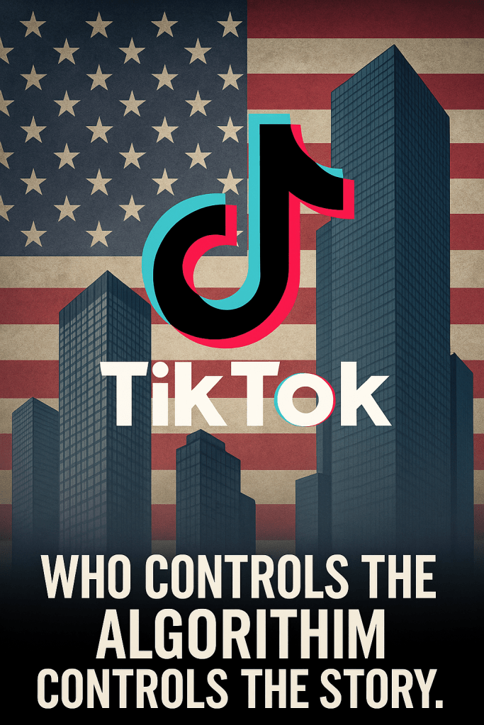 Digital illustration showing the TikTok logo over a faded U.S. flag with looming silhouettes of dark corporate skyscrapers. Bold overlay text at the bottom reads: ‘Who Controls the Algorithm Controls the Story.’ The image symbolizes concerns about media consolidation, political influence, and control of information.