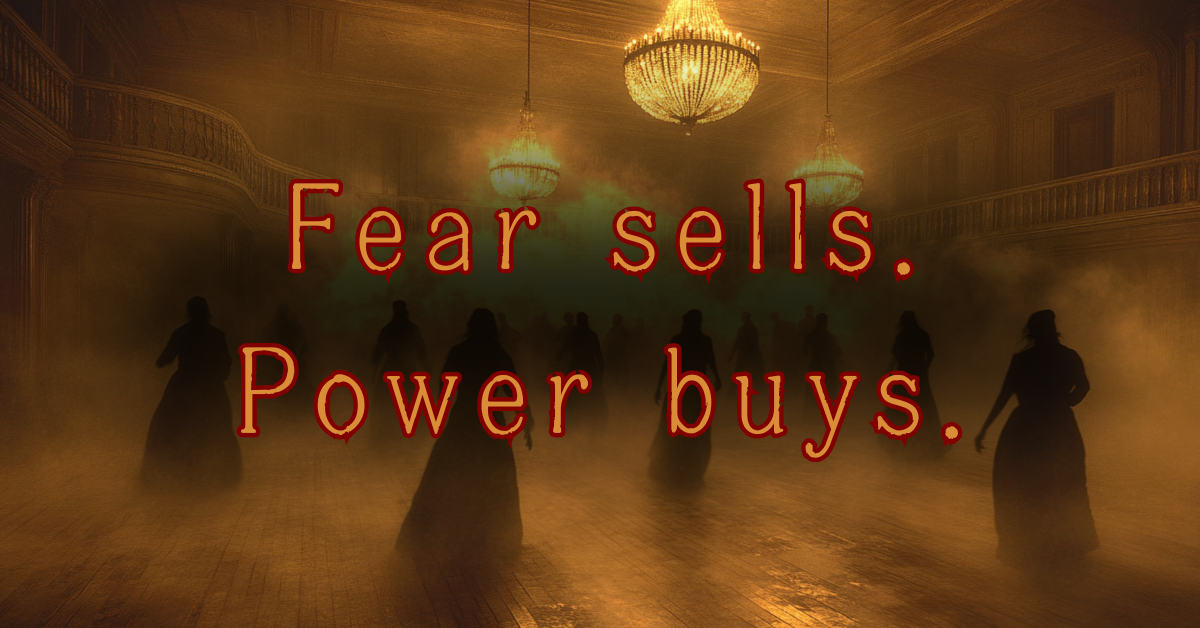 A dark ballroom filled with eerie silhouettes walking through thick fog under glowing chandeliers. Blood-red text across the image reads: “Fear sells. Power buys.” The scene evokes manipulation through spectacle and fear.