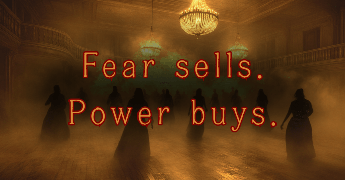 A dark ballroom filled with eerie silhouettes walking through thick fog under glowing chandeliers. Blood-red text across the image reads: “Fear sells. Power buys.” The scene evokes manipulation through spectacle and fear.