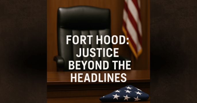 An empty black leather courtroom chair stands behind a wooden bench. A neatly folded American flag rests in the foreground, symbolizing military justice. Overlay text reads: ‘Fort Hood: Justice Beyond the Headlines.’ The image conveys solemnity and the rarity of military executions.