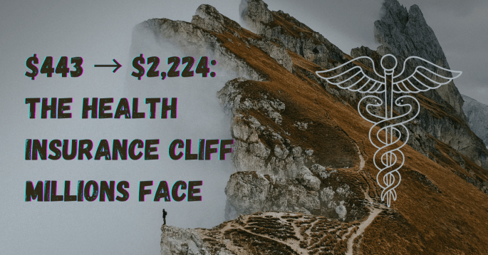 A steep, rocky mountain ridge with fog spilling through the cliffs. On the right side of the image is a white caduceus medical symbol, and on the left is bold overlay text reading: “$443 → $2,224: The Health Insurance Cliff Millions Face.”
