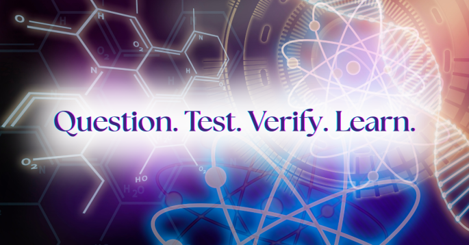 Digital illustration of scientific diagrams with glowing molecules and atomic structures, overlaid with the words ‘Question. Test. Verify. Learn.’ symbolizing the process of scientific inquiry.