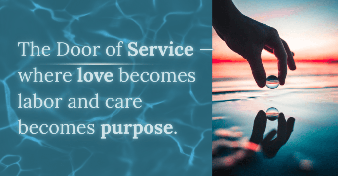 A tranquil image showing a hand delicately holding a clear sphere above calm water at sunset, its reflection forming a perfect circle. The text reads, “The Door of Service — where love becomes labor and care becomes purpose.” The scene evokes mindfulness, compassion, and balance — the essence of the Sixth House in astrology.
