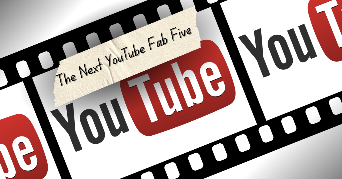 A stylized film strip featuring the YouTube logo repeated across frames. A torn piece of tape overlays the image with handwritten text reading “The Next YouTube Fab Five.” The design represents a creative showcase of diverse YouTube creators.