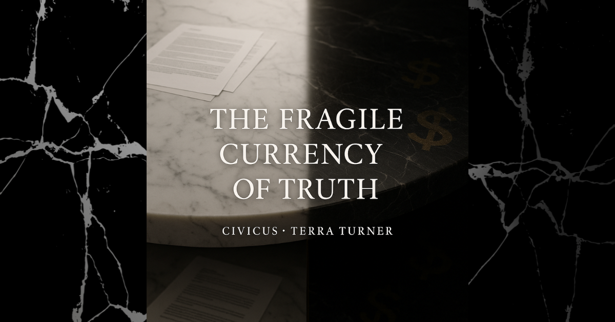 A marble table divided between light and darkness, symbolizing the tension between truth and privilege. On one side, white marble and visible documents reflect transparency; on the other, dark stone with faint gold dollar signs fades into shadow, representing corruption and moral compromise.