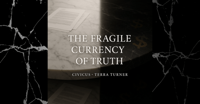 A marble table divided between light and darkness, symbolizing the tension between truth and privilege. On one side, white marble and visible documents reflect transparency; on the other, dark stone with faint gold dollar signs fades into shadow, representing corruption and moral compromise.