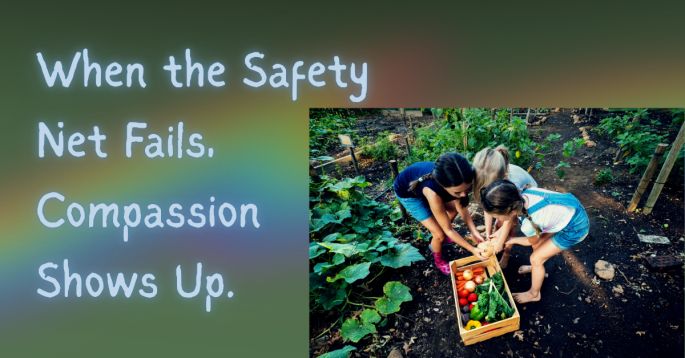 Children in a community garden lifting a crate of fresh vegetables together, symbolizing unity, compassion, and shared care during times of hardship.