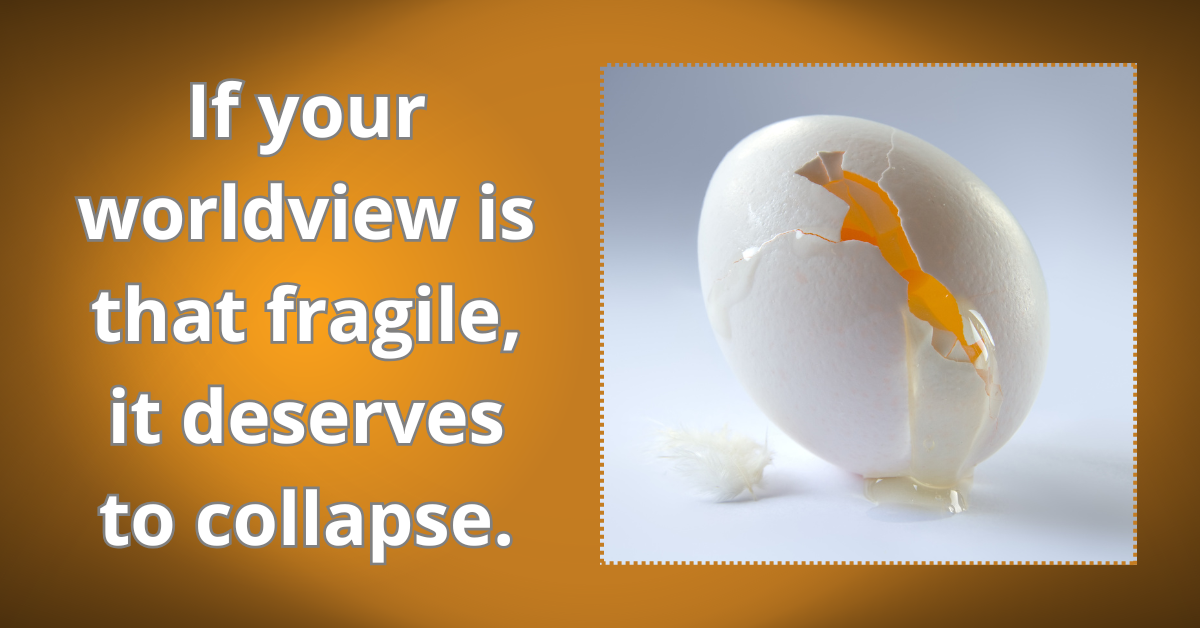 A cracked white egg leaking yolk, symbolizing a fragile worldview collapsing under truth.
