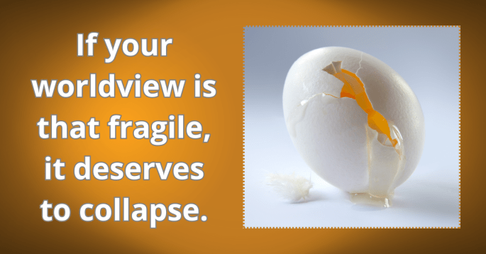 A cracked white egg leaking yolk, symbolizing a fragile worldview collapsing under truth.