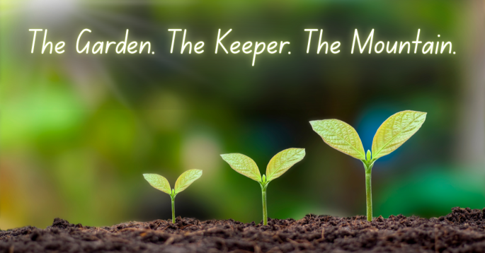 Three green seedlings growing in rich soil beneath soft sunlight, symbolizing the steady evolution of Earth energy — The Garden, The Keeper, The Mountain.