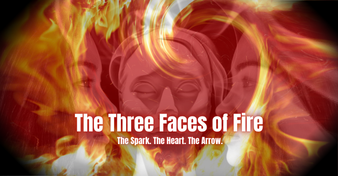 A dynamic composition of fire swirling around three faintly visible faces, symbolizing Aries, Leo, and Sagittarius — the three expressions of Fire. The flames radiate energy and transformation, reflecting the elemental power of motion, heart, and discovery.