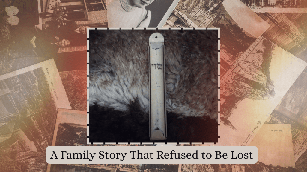 A vintage-inspired collage of old family photographs forms the background for a central image of a worn tin Mezuzah resting on a fur-textured surface. Below it, a soft beige banner reads ‘A Family Story That Refused to Be Lost,’ reflecting the relic’s long journey through generations.