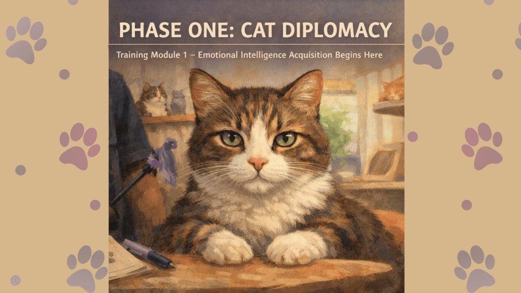 An illustrated training-module style image featuring a calm tabby cat with green eyes sitting behind a counter in a cozy cat café. The cat looks directly at the viewer with a wise, unimpressed expression. Behind it, another cat and soft café elements appear in warm painterly tones. At the top, bold text reads “PHASE ONE: CAT DIPLOMACY,” with a smaller subtitle beneath it that says “Training Module 1 — Emotional Intelligence Acquisition Begins Here.” The background includes soft paw-print patterns framing the illustration.