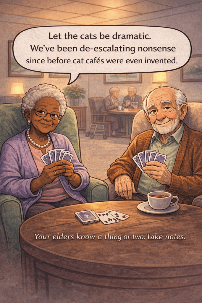 A digital, hand-drawn illustration of two elderly people sitting together in a nursing home lounge, smiling warmly as they play cards. The woman wears glasses and holds her hand of cards with confidence, while the man sits beside her with a gentle grin and a cup of coffee on the table. A speech bubble above them reads, “Let the cats be dramatic. We’ve been de-escalating nonsense since before cat cafés were even invented.” Below the table, a caption says, “Your elders know a thing or two. Take notes.”