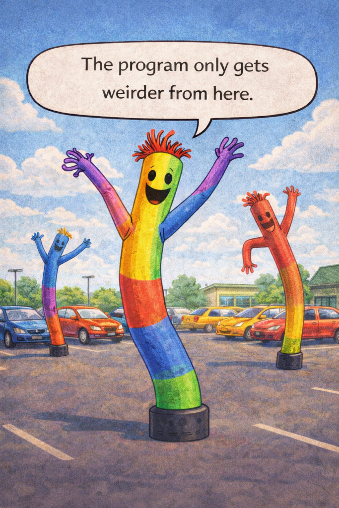 A colorful cartoon-style illustration of inflatable wavy-arm tube figures flailing joyfully in a sunny parking lot. A rainbow-colored tube man stands in the foreground with two others—one red and one blue—dancing in the background near parked cars and a small green-roofed building. A speech bubble above the main figure reads, “The program only gets weirder from here.”
