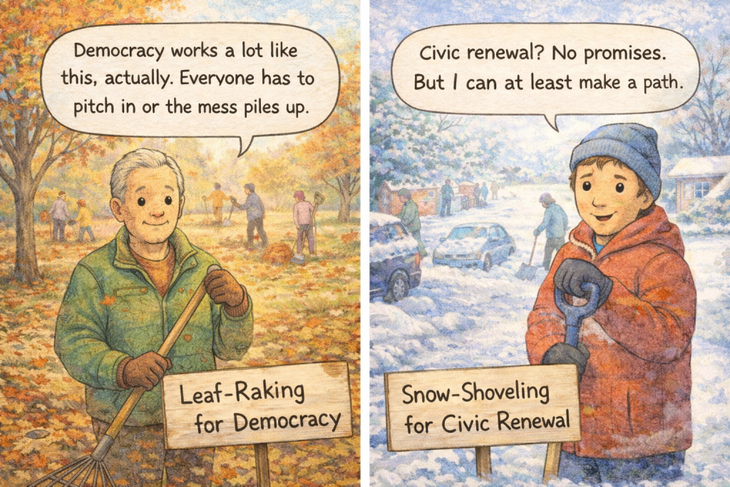 A split-panel cartoon illustration shows two seasonal community scenes in a soft, painterly style.
On the left, an older man rakes autumn leaves in a golden park, smiling gently at the viewer. A speech bubble above him says, “Democracy works a lot like this, actually. Everyone has to pitch in or the mess piles up.” A wooden sign reads “Leaf-Raking for Democracy,” and blurred figures rake in the background.
On the right, a young man in a red coat and blue hat shovels snow in a quiet neighborhood. His speech bubble reads, “Civic renewal? No promises. But I can at least make a path.” A wooden sign below him reads “Snow-Shoveling for Civic Renewal,” with pastel silhouettes clearing snow behind him.