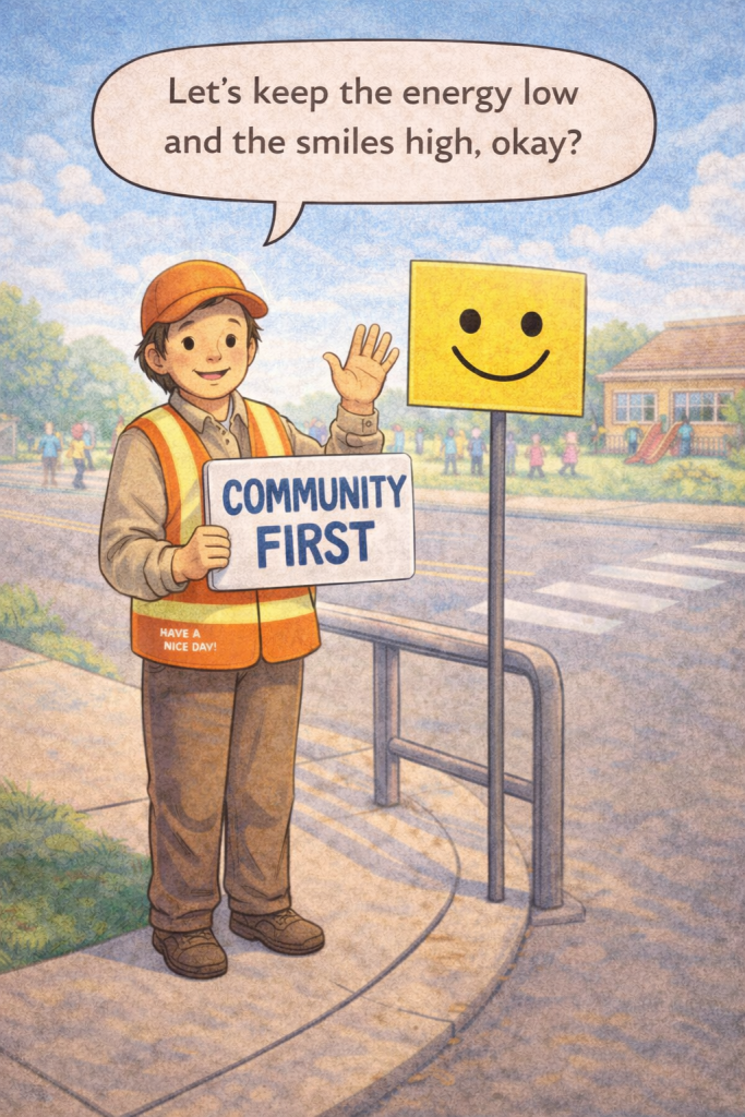 A cheerful crossing guard stands on a sunny suburban sidewalk in front of a pastel-colored school zone. He waves with one hand and holds a “COMMUNITY FIRST” sign with the other. A bright safety vest with the words “Have a nice day!” is visible on his back. Beside him, a yellow square school-zone sign with a smiling face sits atop a pole, and a speech bubble above the sign reads, “Let’s keep the energy low and the smiles high, okay?” In the softly blurred background, parents and children walk near the school building under a bright blue sky with fluffy clouds.