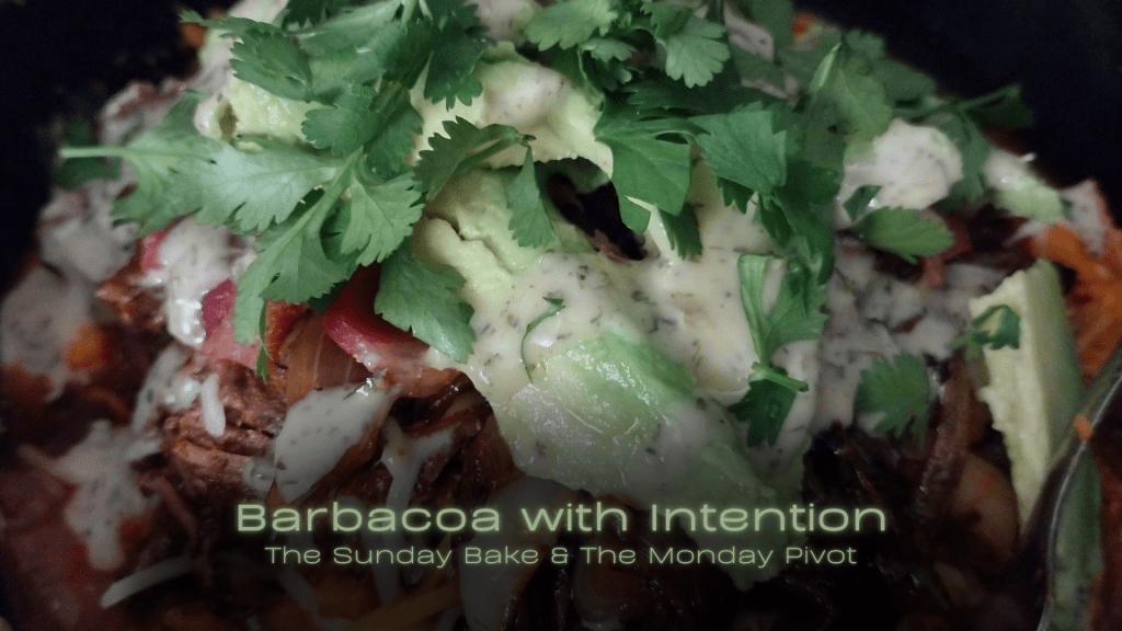 Barbacoa stuffed sweet potato topped with caramelized onions, bacon, avocado, fresh cilantro, and jalapeño lime ranch, with the title ‘Barbacoa with Intention’ overlaid.