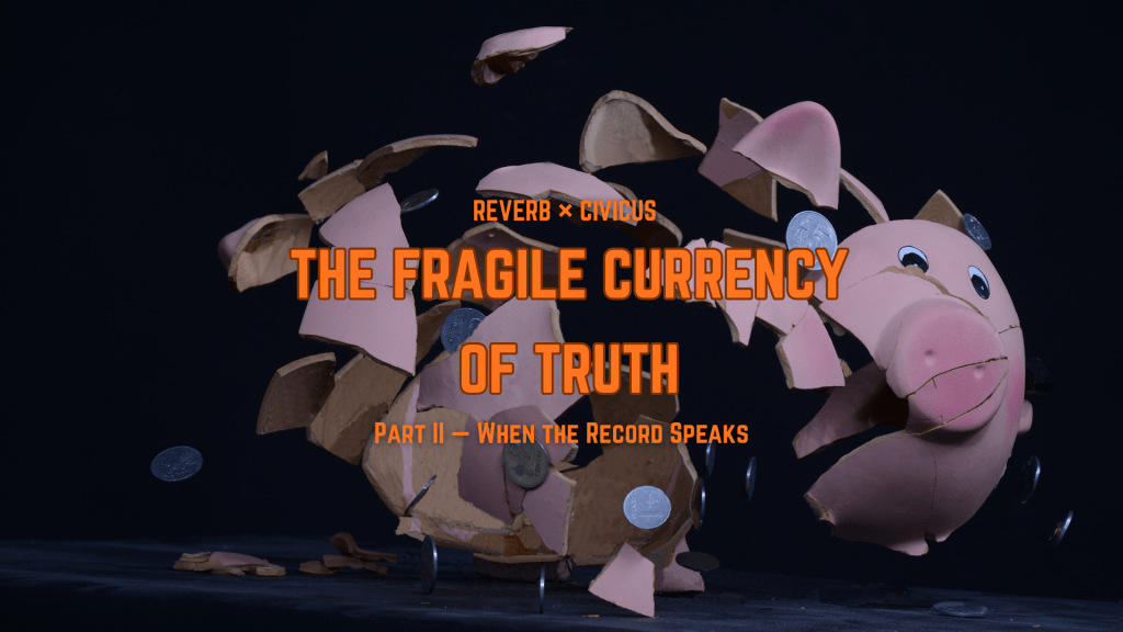 Shattered pink piggy bank exploding with coins and ceramic pieces against a dark background, symbolizing the collapse of trust and the fragility of truth.