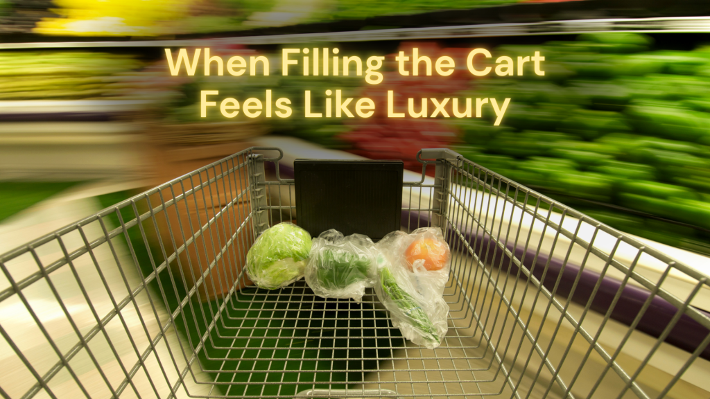 Grocery cart with only a few vegetables inside moving through a blurred supermarket produce aisle, illustrating how filling a grocery cart now feels like a luxury.