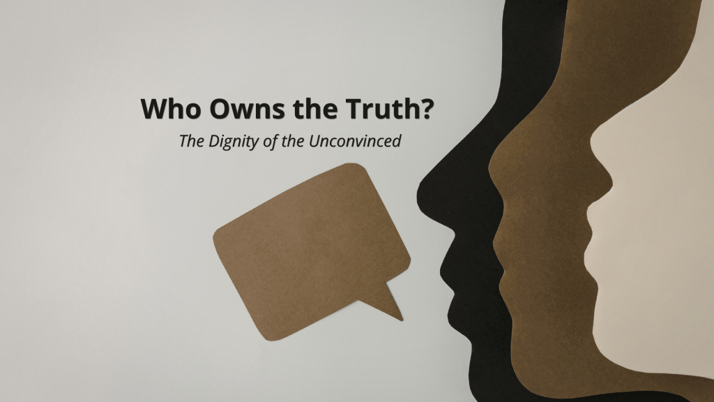 Overlapping human profiles in warm neutral tones face a speech bubble, representing dialogue, differing perspectives, and the question of who defines truth.