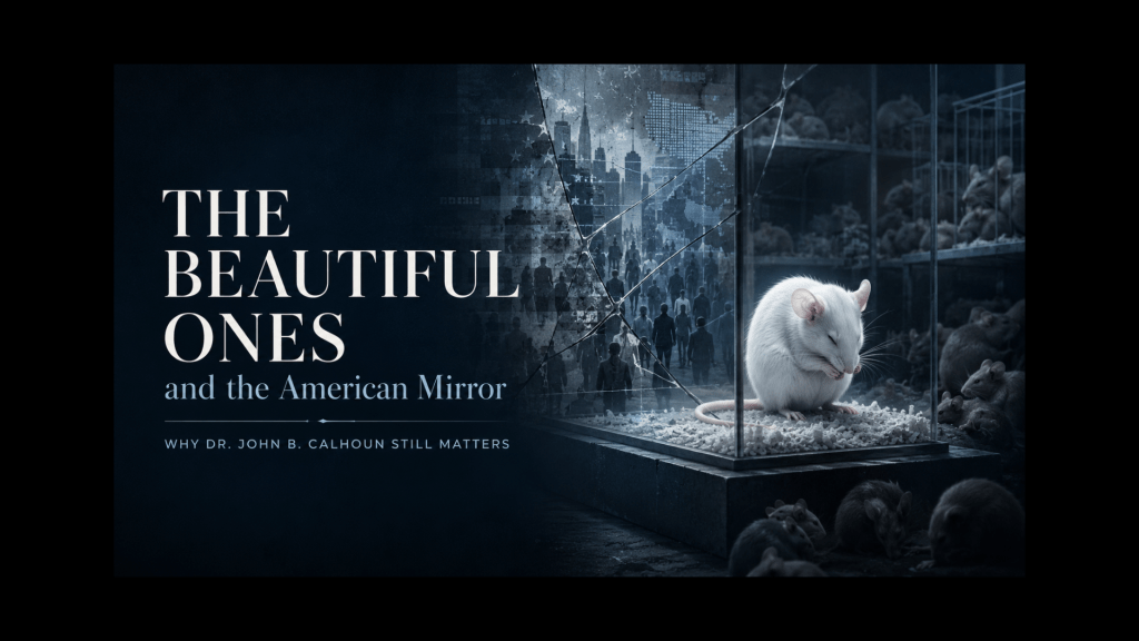 Feature image for “The Beautiful Ones and the American Mirror.” On the left, large white editorial text appears on a dark blue-black background. On the right, a white mouse sits alone in a glass enclosure grooming itself, brightly lit against a shadowy scene of crowded mice in the background. Behind the enclosure, a cracked mirror effect overlays a city skyline and silhouettes of people, symbolizing social fragmentation, isolation, and the connection between Calhoun’s Universe 25 experiment and modern American society.