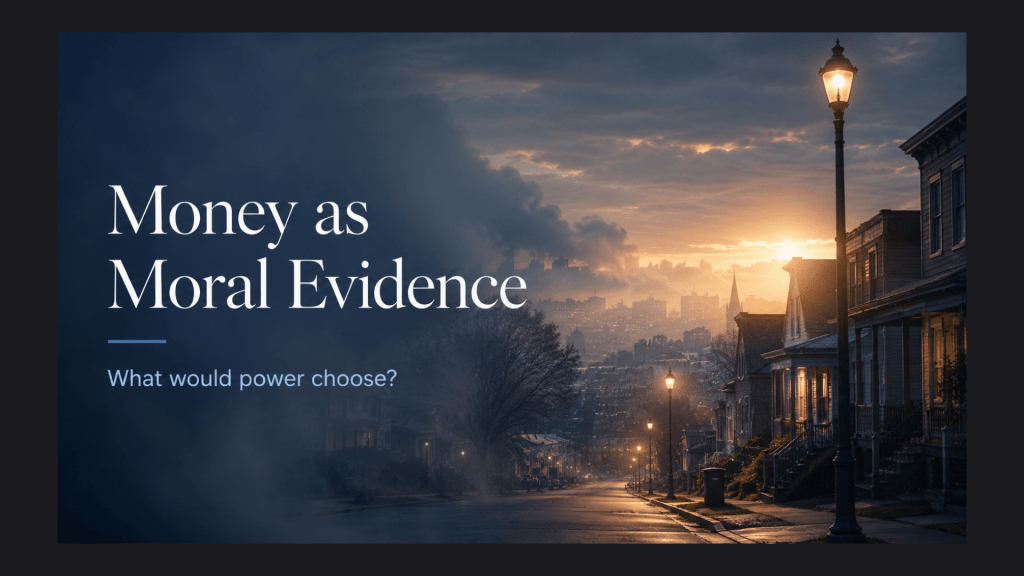 Moody neighborhood street at dusk with smoke and warm light breaking through, overlaid with the words “Money as Moral Evidence” and “What would power choose?”