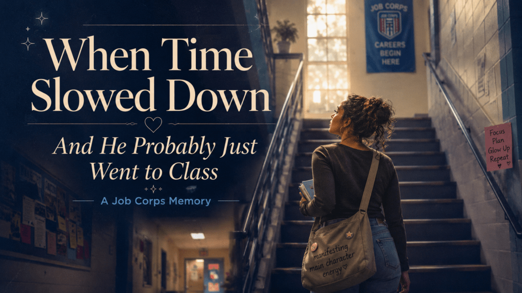 A cinematic blog feature image showing a young woman paused at the bottom of a school-style staircase, looking upward as if caught in a private movie moment. The scene has warm nostalgic lighting, deep blue shadows, and overlay text that reads, “When Time Slowed Down And He Probably Just Went to Class: A Job Corps Memory.”