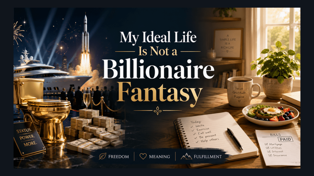 Feature image showing a dramatic split between billionaire excess and grounded everyday fulfillment. One side includes a gold toilet, yacht, rocket launch, cash, champagne, and gala-style lights, while the other side shows a warm desk scene with a notebook, coffee mug, healthy meal, plant, and paid bills. Large overlay text reads, “My Ideal Life Is Not a Billionaire Fantasy.”
