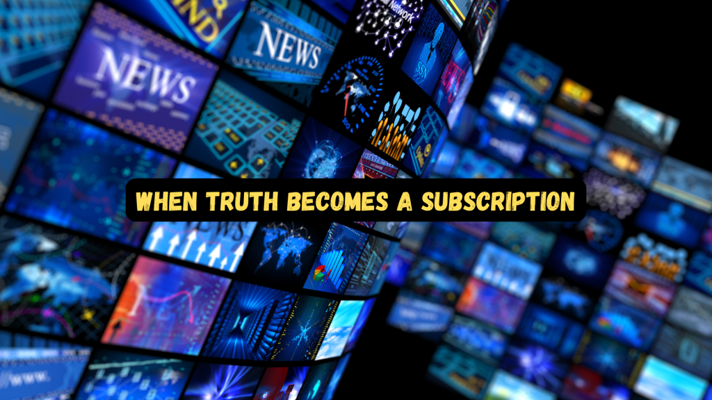A wall of glowing digital news screens in shades of blue with the overlay text “When Truth Becomes a Subscription” across the center.